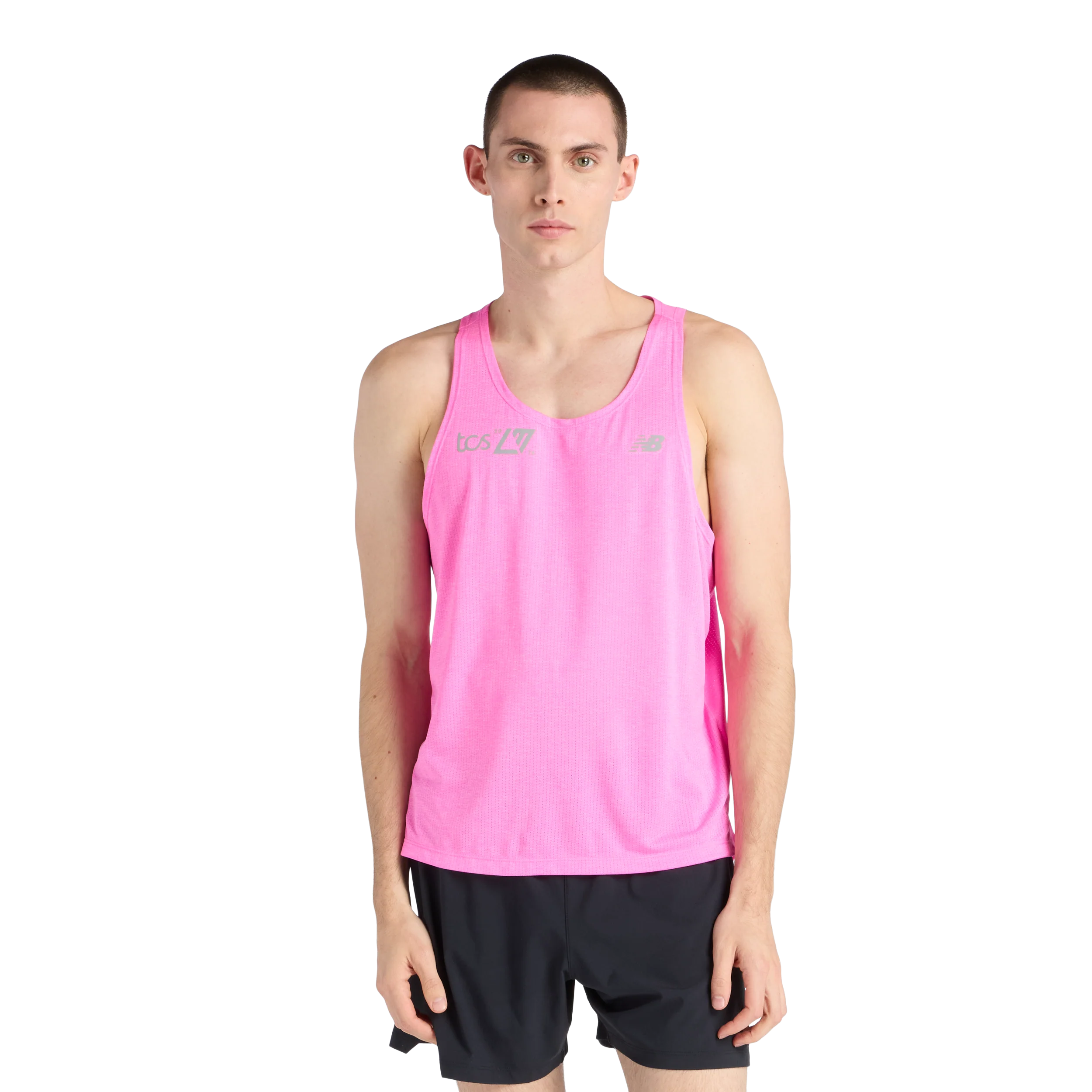 New Balance Mens London Edition RC Essential Singlet - Pink Heat - SS26 - Image 3