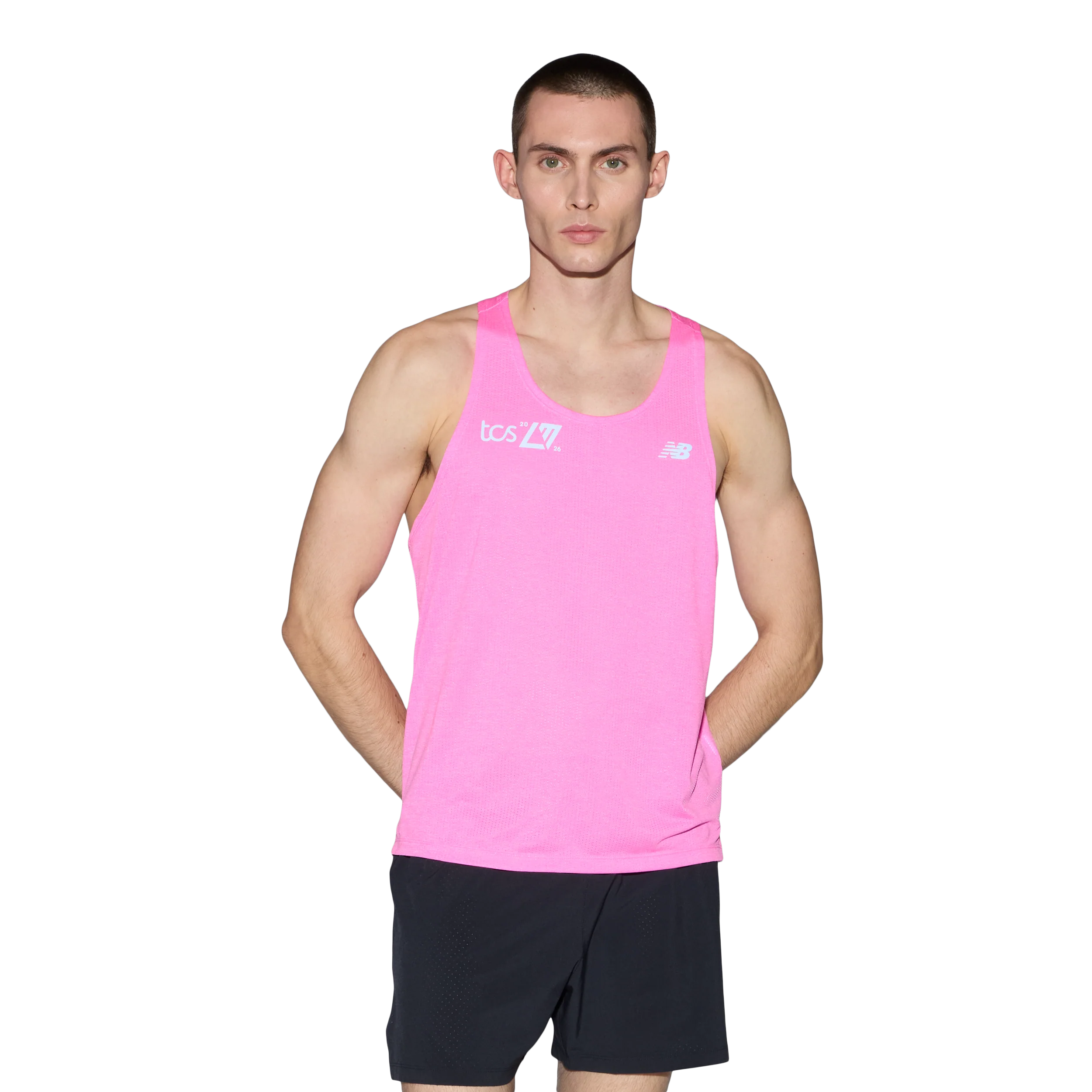 New Balance Mens London Edition RC Essential Singlet - Pink Heat - SS26 - Image 6