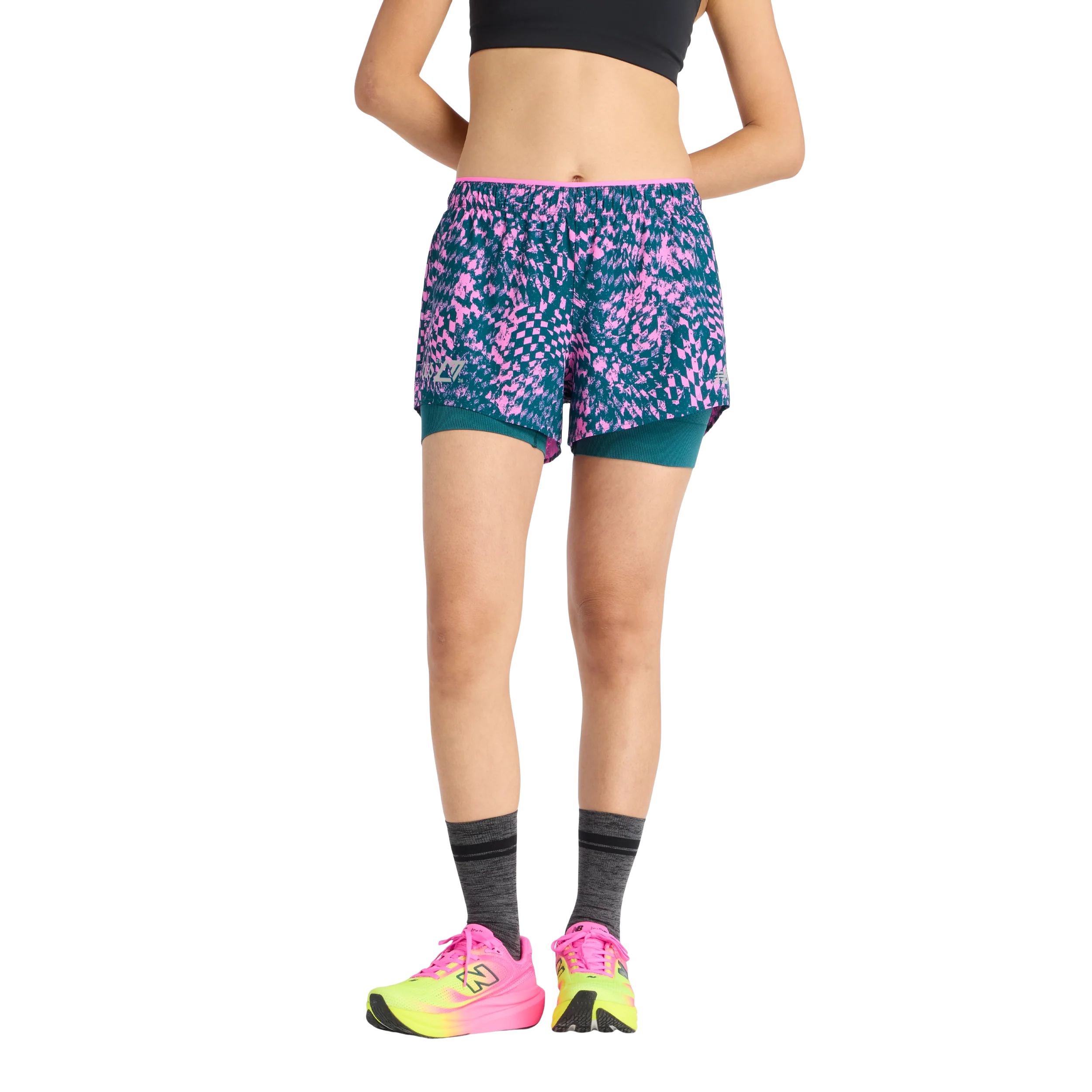 New Balance Womens London Edition RC Printed 2-in-1 3" Short - Pink Heat - SS26 - Image 3