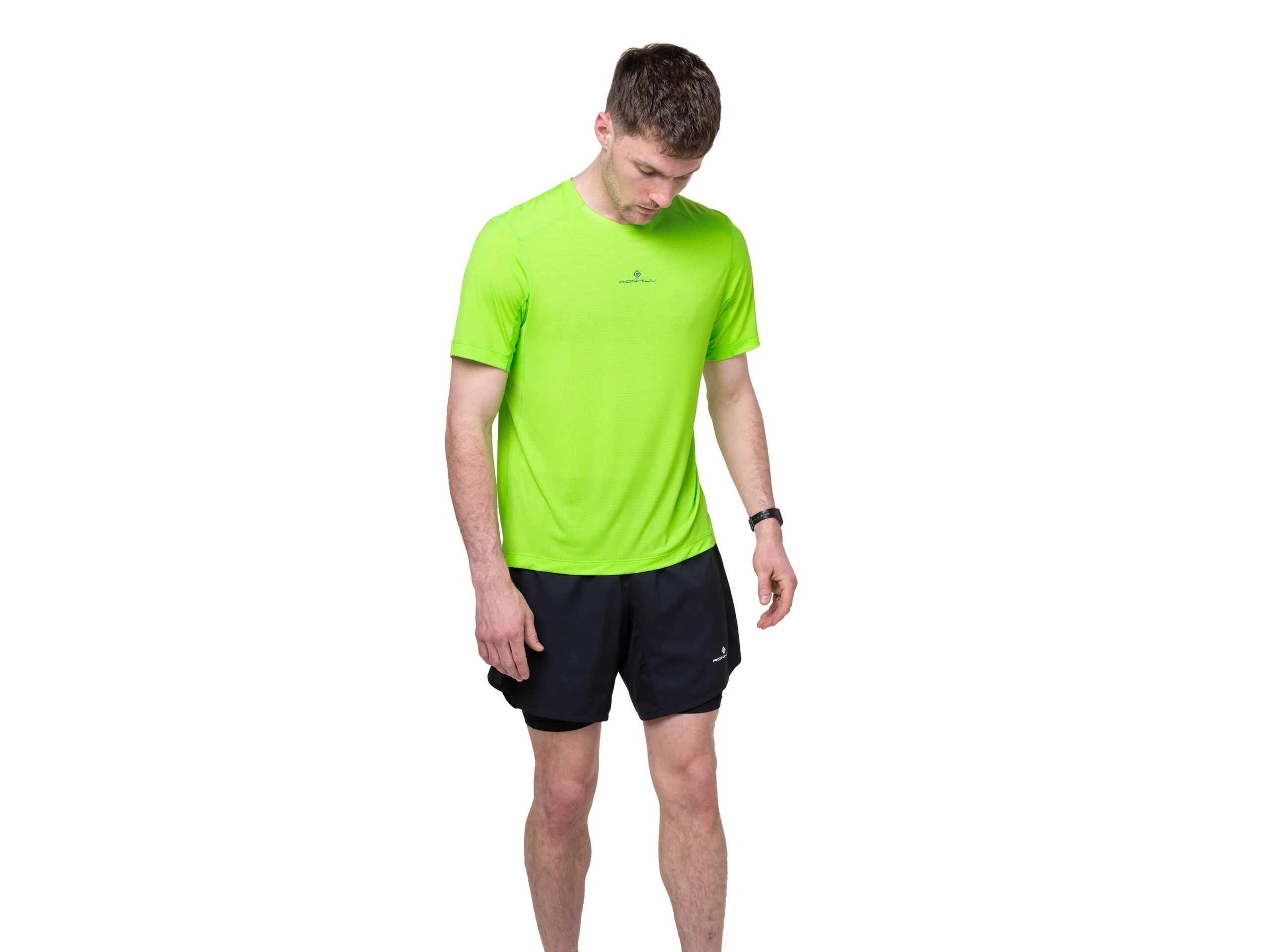 RonHill Mens Tech S/S Tee - Fluo Green/Dark Cobalt - SS26 - Image 4